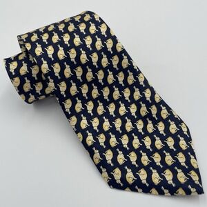 Vtg Class Club Tie Mens 51 in Silk Navy Gold Yellow Rabbit Bunny-Eclectic G'pa